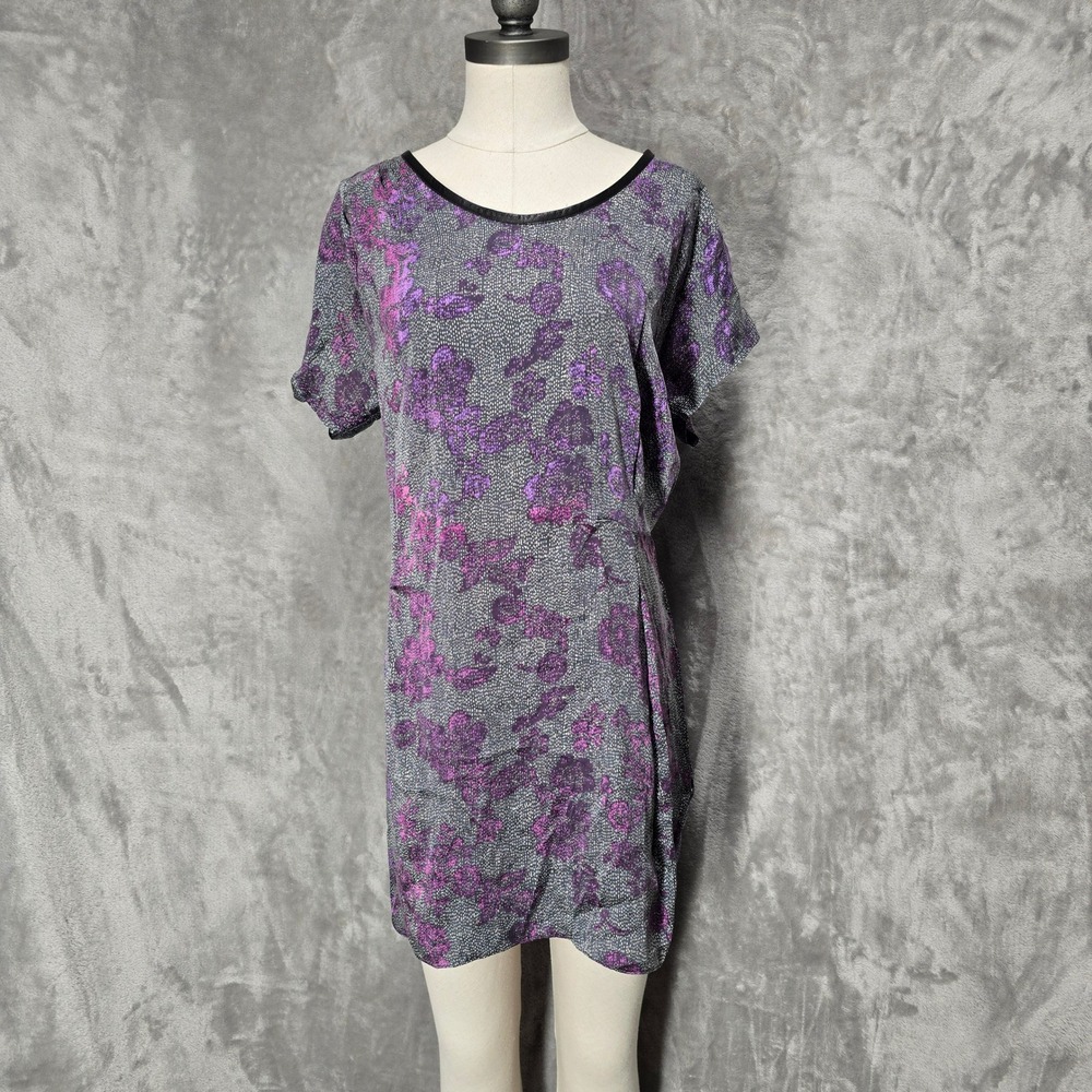 Rebecca Taylor Mini Dress Womens10 Silk Leather Trim Floral Abstract Grunge Edgy